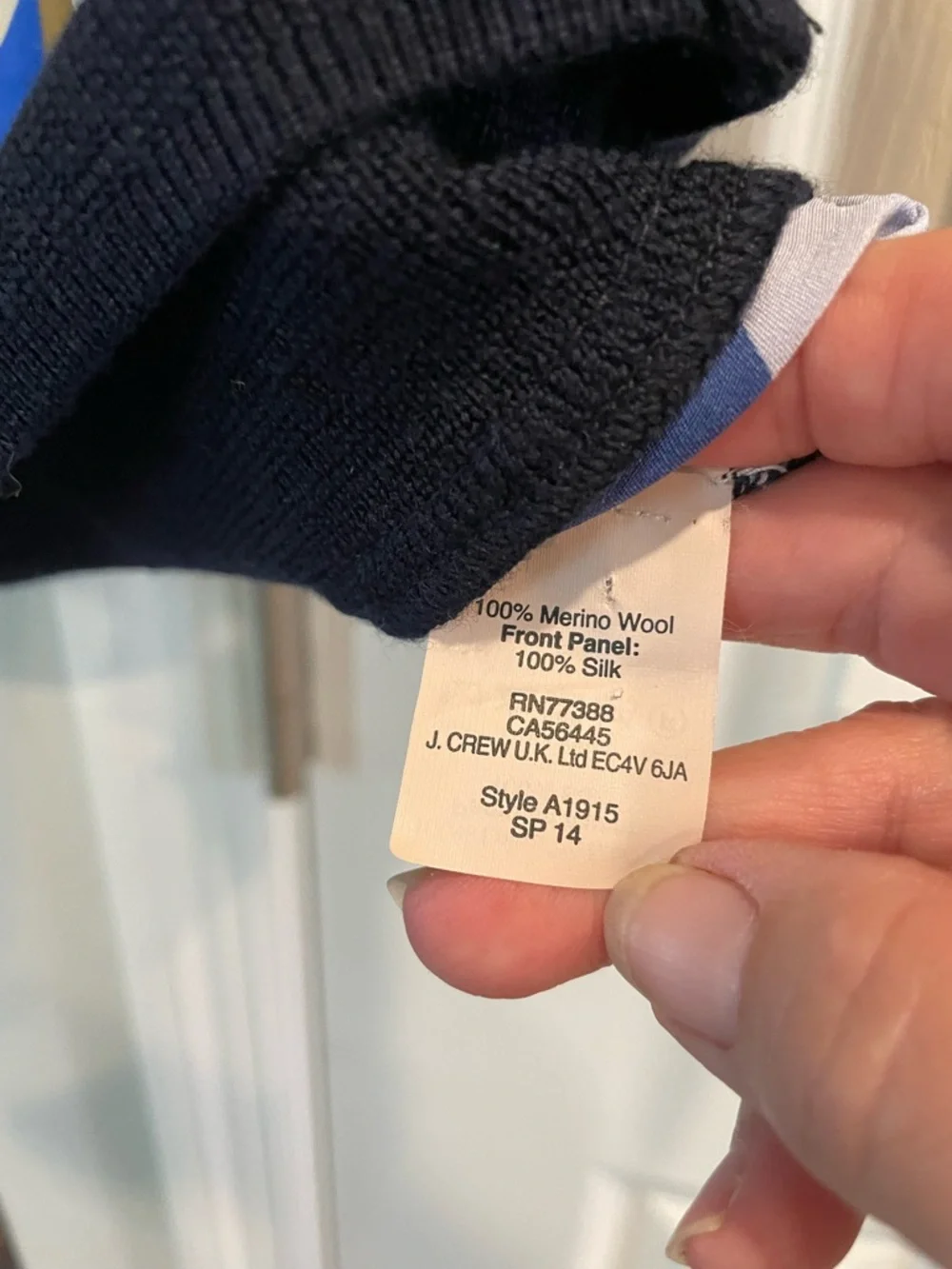 J. Crew long sleeve navy blue w Geometric design front merino wool/Silk sweater